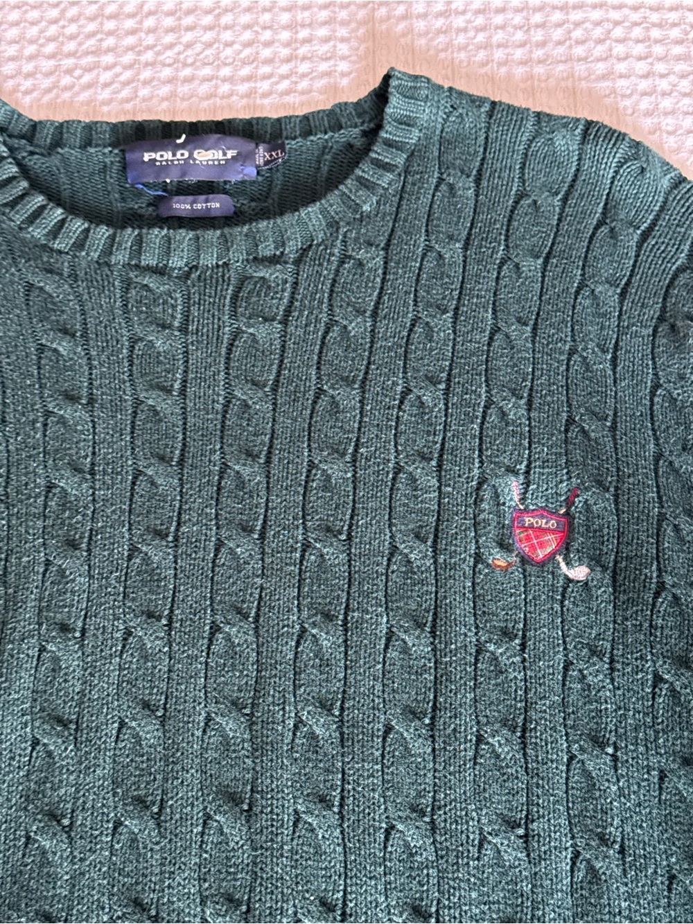 Vintage Polo Golf Ralph Lauren Dark Green Cable-Knit Crewneck Sweater XXL Rare
